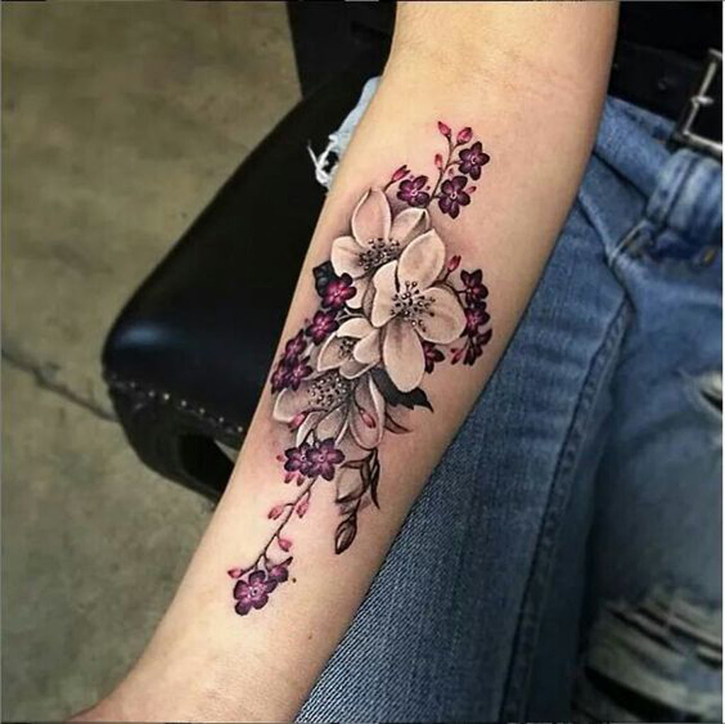 Vintage Purple Floral Womens Tattoo - MyBodiArt.com