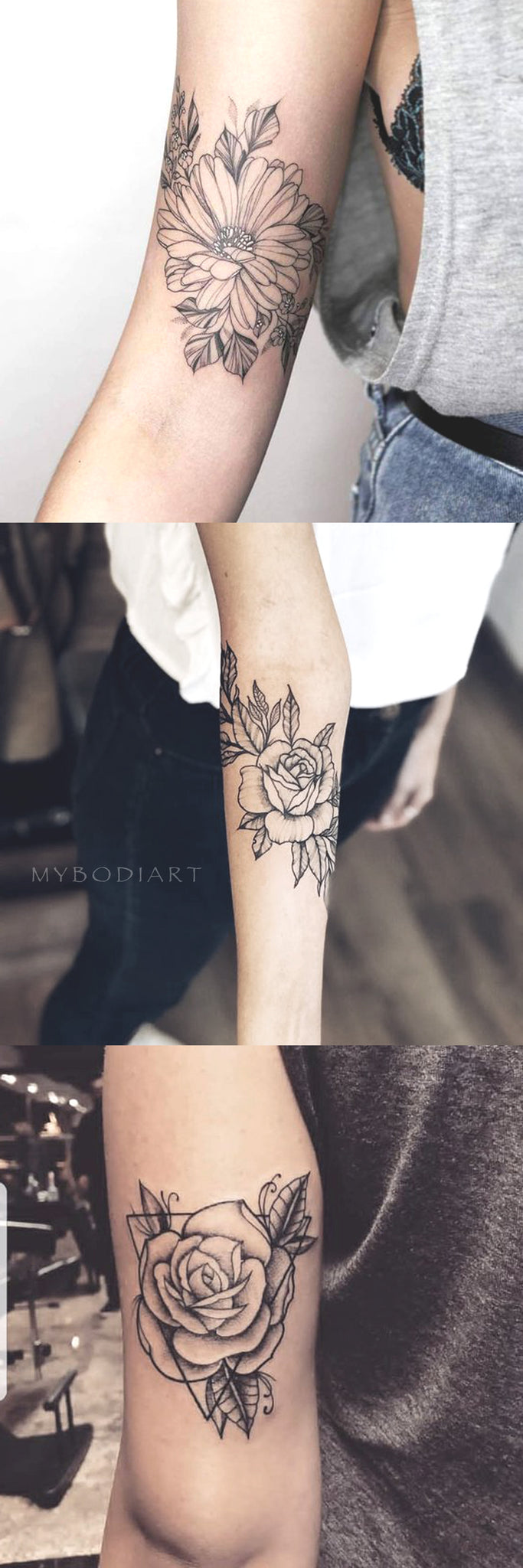VIntage Traditional Black Outline Rose Sunflower Arm Tattoo Ideas for Women - www.MyBodiArt.com