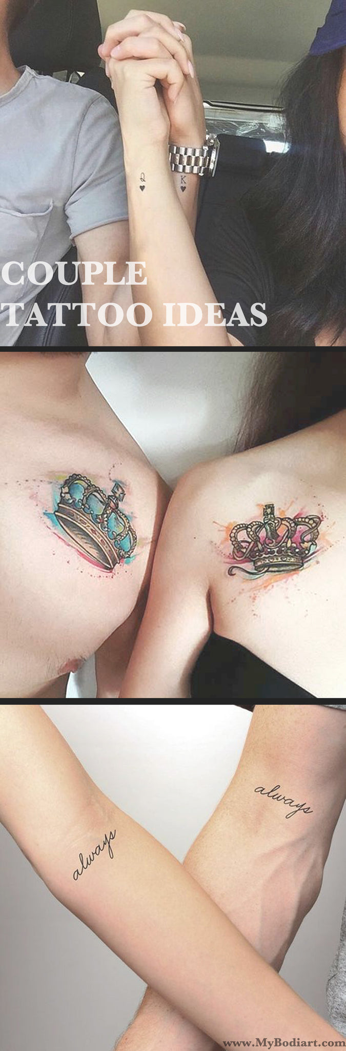 Cute Couple Tattoo Ideas for Boyfriend & Girlfriend - Small Queen and King Crown Shoulder Wrist Tatouage - Always Script Quote Arms Ideas Del Tatuaje - www.MyBodiArt.com