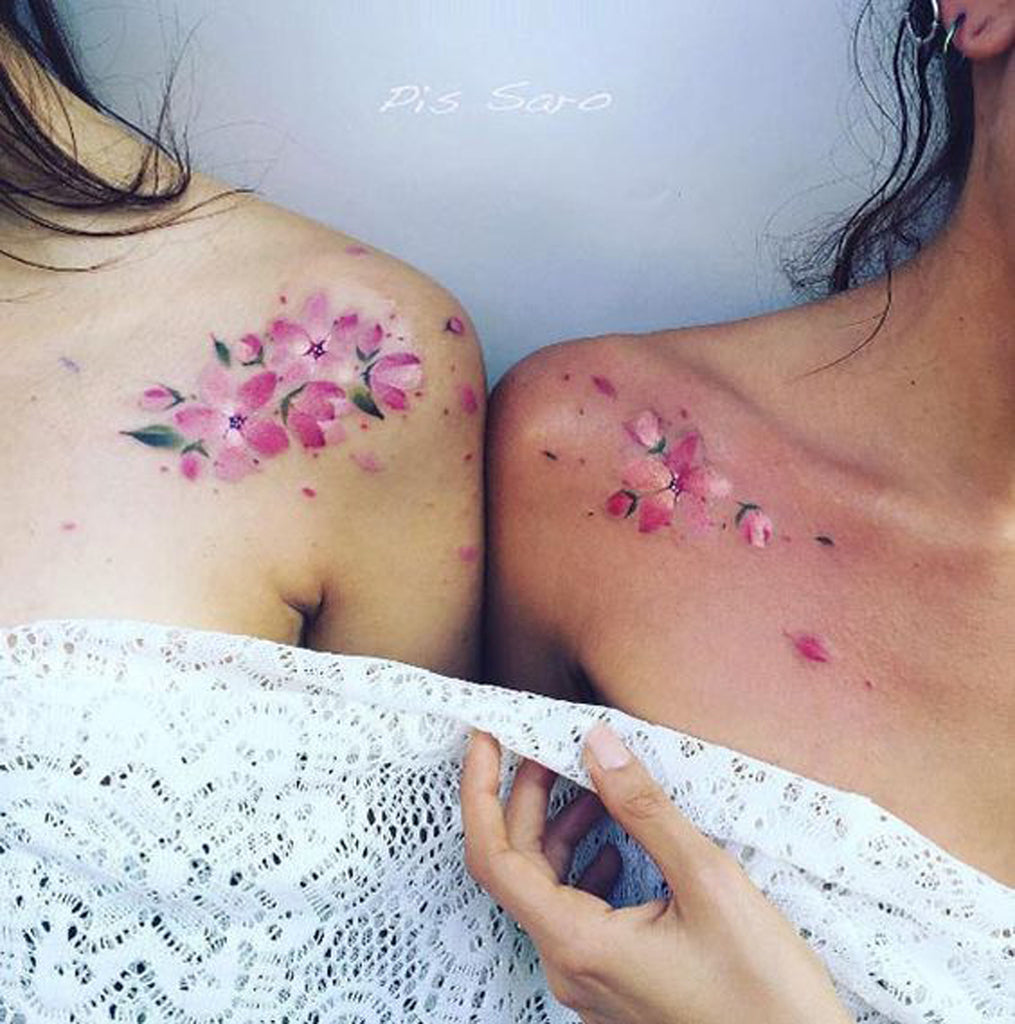 Coolest Matching Bestfriends BFFL Watercolor Flower Tattoos form Women - MyBodiArt.com