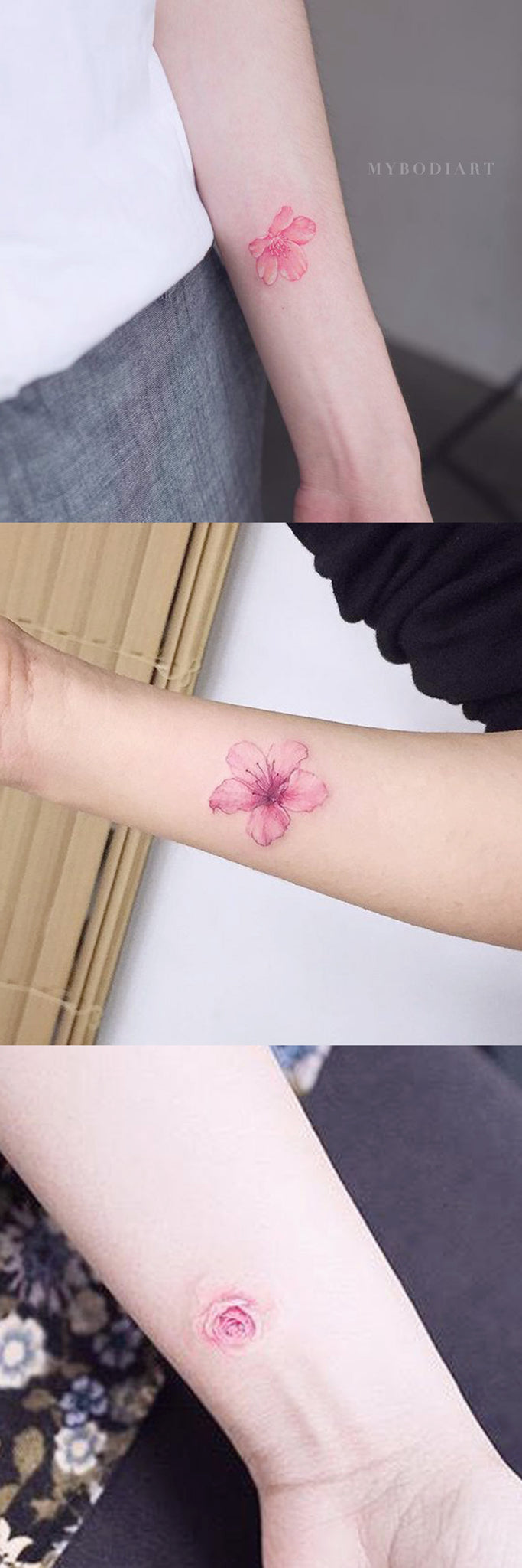 Pink Watercolor Cherry Blossom Forearm Wrist Tattoo Ideas for Women Small Pink Floral Flower Arm Tattoos -  ideas del tatuaje del antebrazo de la flor de cerezo rosa acuarela - www.MyBodiArt.com 