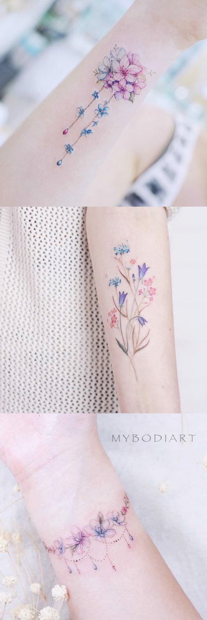 Cute Delicate Pretty Watercolor Floral Flower Arm Wrist Tattoo Ideas for Women -  delicadas flores florales brazo tatuaje ideas para mujeres - www.MyBodiArt.com 