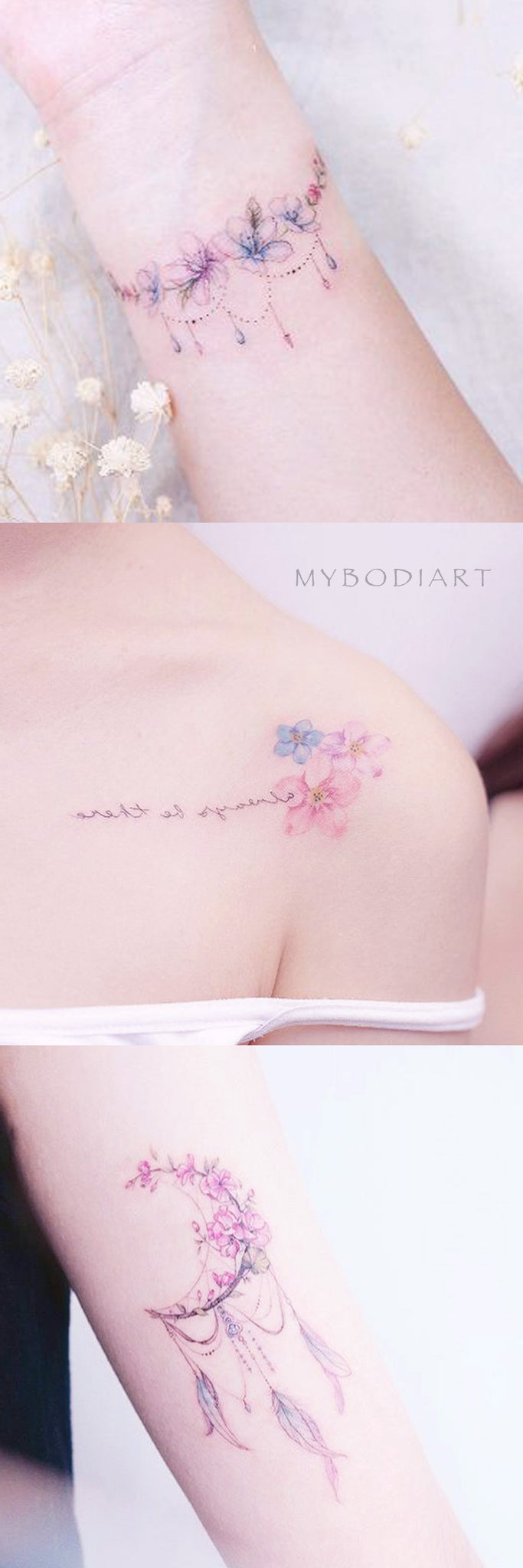 Cute Girly Watercolor Floral Flower Shoulder Wrist Tattoo Ideas for Women -  Ideas florales delicadas del tatuaje del hombro de la flor para mujeres - www.MyBodiArt.com 