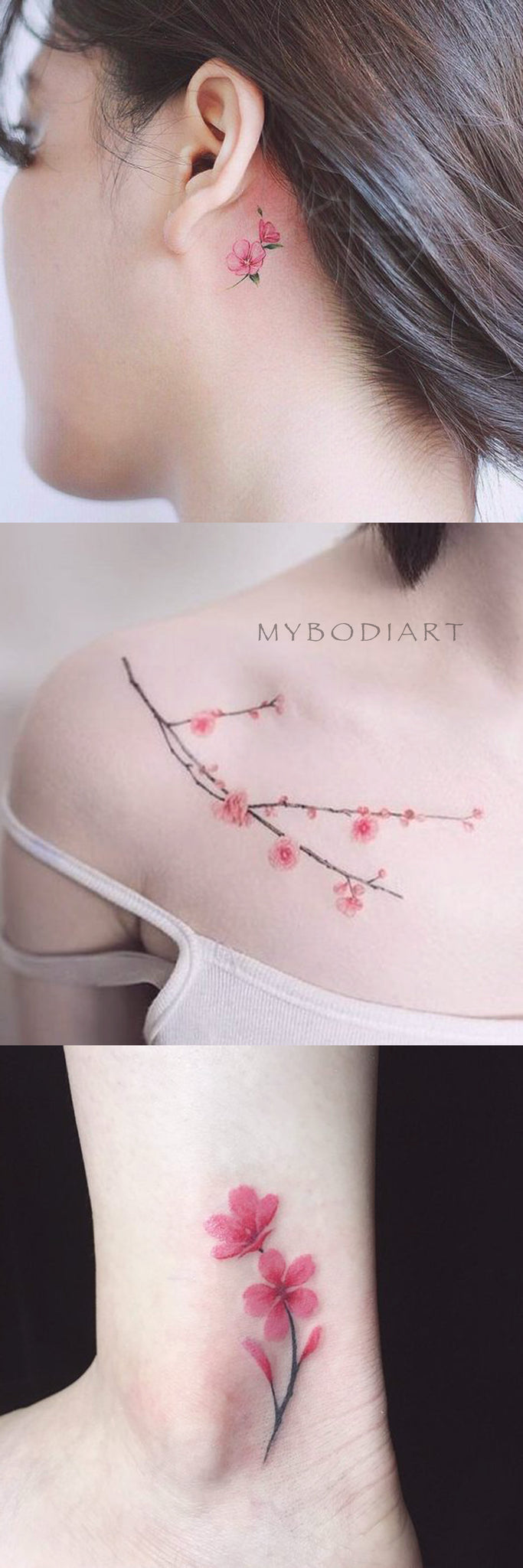 Cute Watercolor Pink Cherry Blossom Shoulder Ankle Tattoo Ideas for Women -  lindas flores de cerezo rosa tatto ideas - www.MyBodiArt.com 
