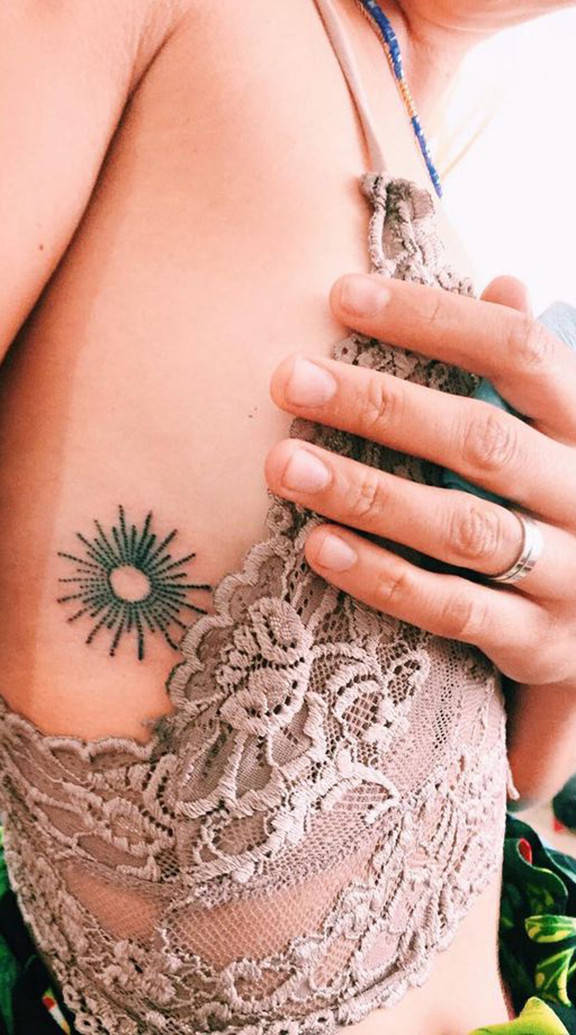 Small Hippie Rib Sun Tattoo Ideas - Tribal Geometric Moon with Meaning Tatouage - Ideas Del Tatuaje - www.MyBodiArt.com