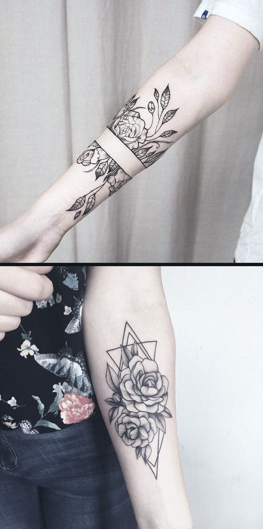 Geometric Diamond Rose Forearm Tattoo Ideas for Women - Black Wild Flower Vine Leaf Arm Tat - www.MyBodiArt.com 