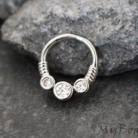 Triple Crystal Hoop Clicker for Daith, Rook, Conch, Tragus, Cartilage, Helix, Septum, Bridge