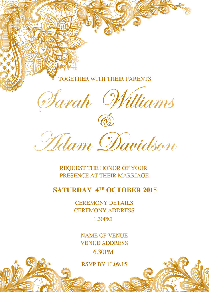 Gold lace wedding invitation template