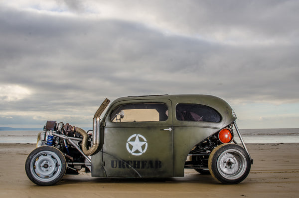 Matt Urch of Urchfab has built an awesome drift rod from a vintage consumer car, a 1953 Ford Popular, the cheapest car in Britain at its time of introduction using a custom tubular chassis, Saab engine and volvo rear axle and uses the car as rolling advertisement for his Fabrication business.