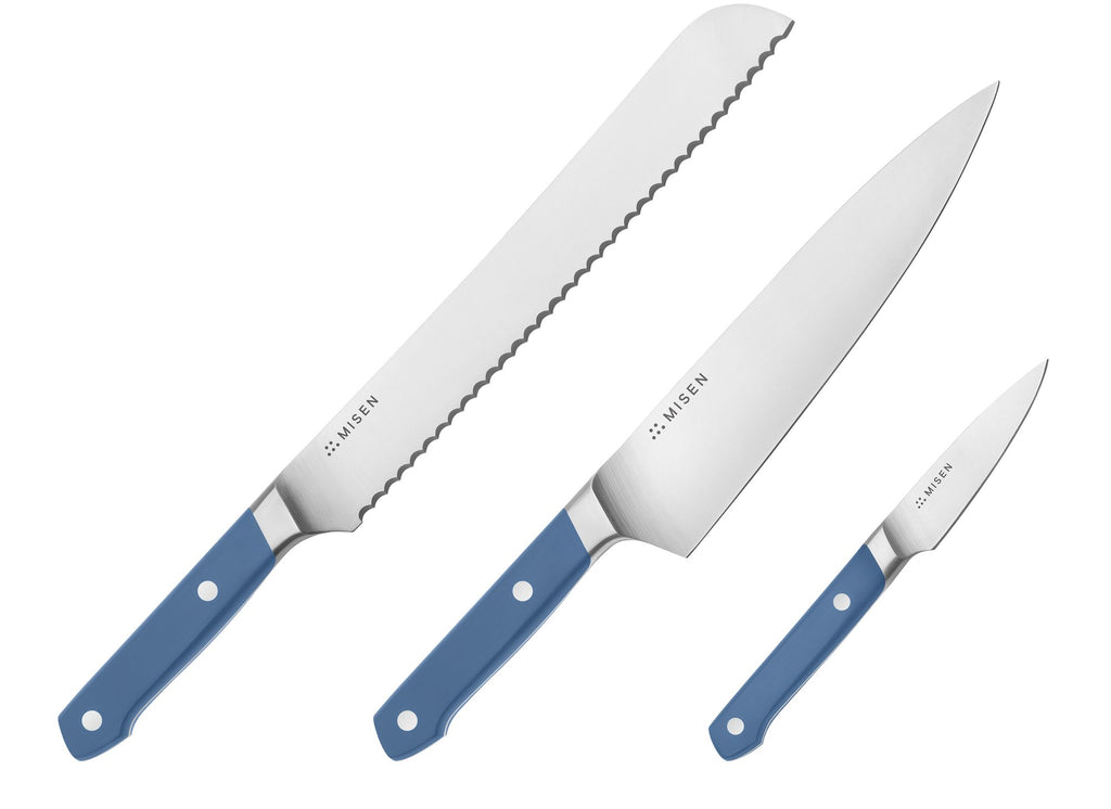 Knife set: the Misen serrated knife, chef's knife, and paring knife from the Essentials Knife Set