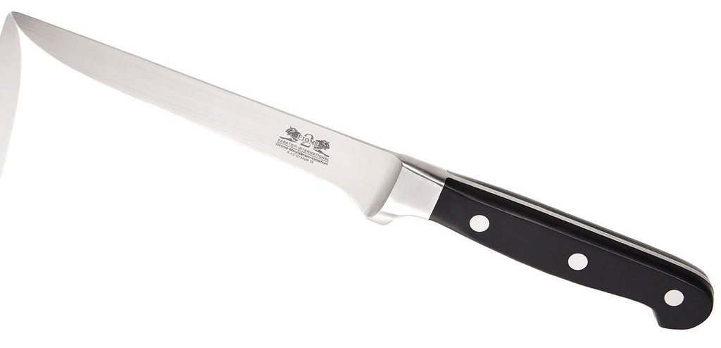 A boning knife, one of the specialized types of kitchen knives