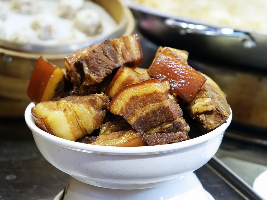 Skillet cooking: a bowl of braised pork belly
