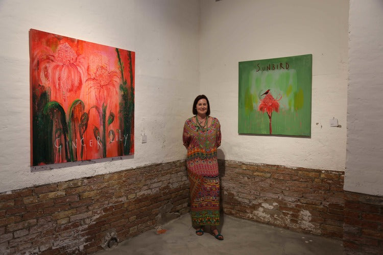  Clare with her paintings - 'My Beautiful Ginger&nbsp;Lilies' and 'Sunbird' 