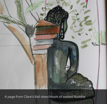 A page from Clare's Bali sketchbook of seated Buddha