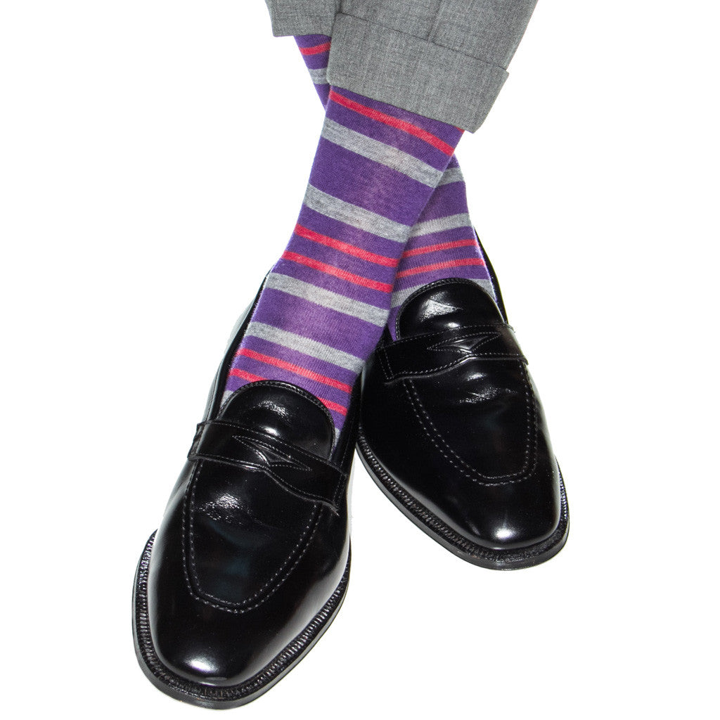 Men’s purple stripe dress socks with merino wool over the calf and