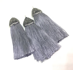 Gray Tassels, tassel earrings, Bejeweled Tassels, 3.25 Inch 85mm Tassel, gray jewelry, tassel necklace, gray necklace, silk tassel