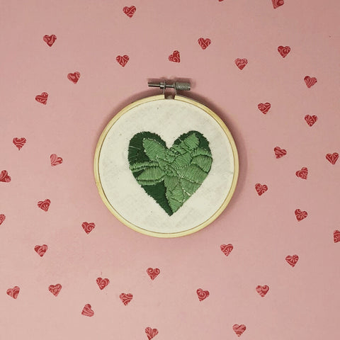 close up of one succulent heart embroidery