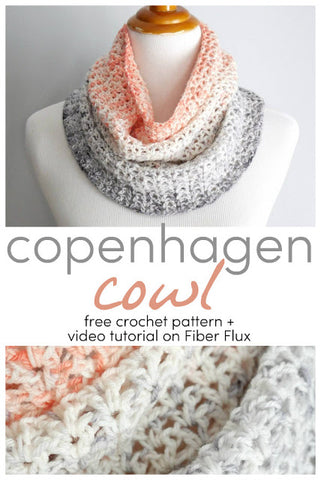 Copenhagen Cowl crochet pattern from Fiber Flux using our Deep Coral and Gray Hand Dyed Yarn 
