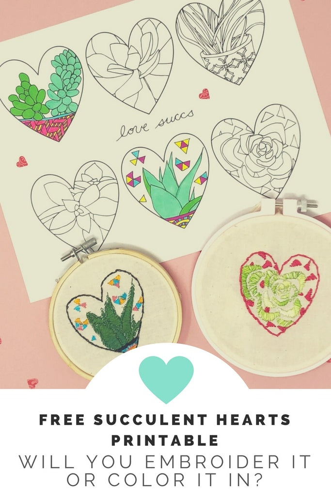 free printable of succulent hearts to embroider or color