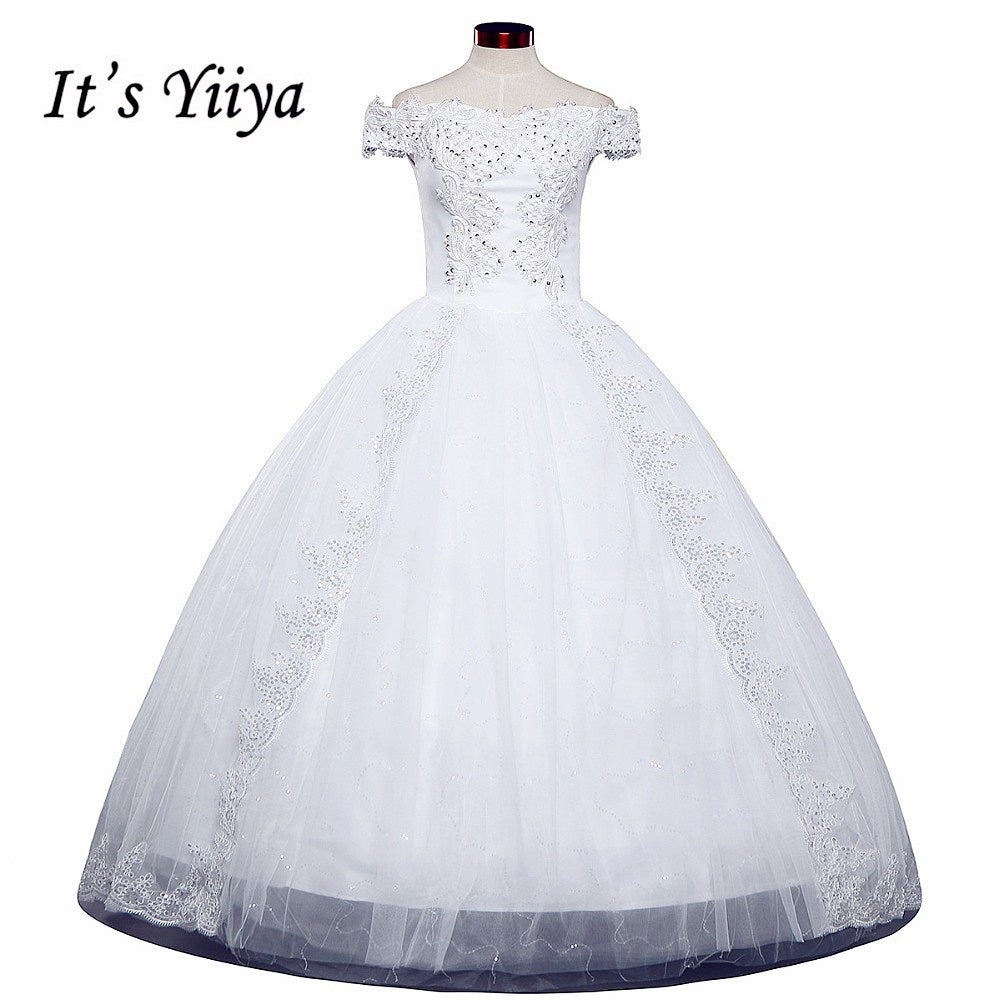 Free Shipping White Wedding Ball Gowns Boat Neck Short Sleeves Cheap