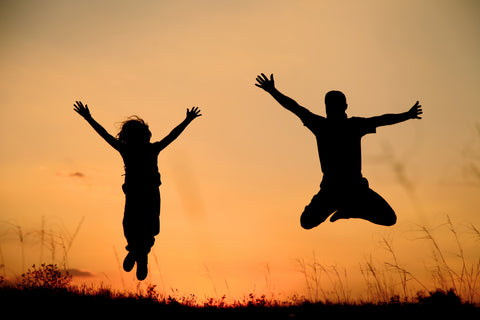 Two people jump for joy in a field at sunset
