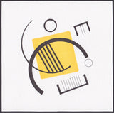 Framed pen and ink drawing of geometric figures of black on yellow and white.
