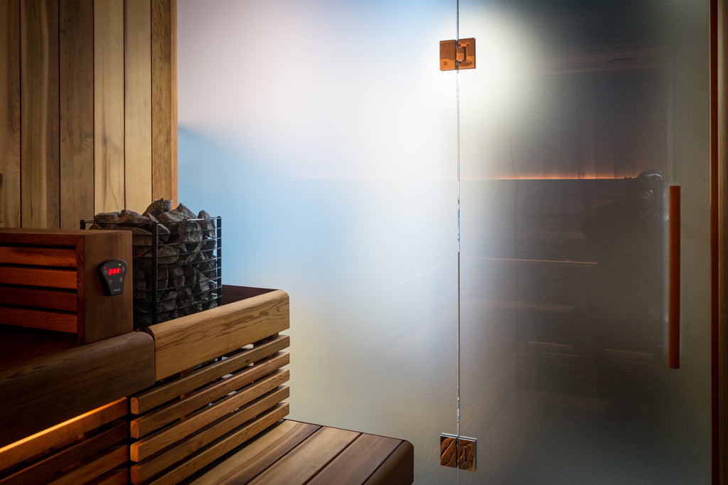 frosted and toughened glass sauna wall and sauna door with polished chrome hinges