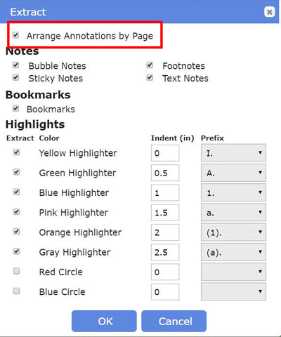 When choosing to extract annotations, you can choose to have it extracted by type or page