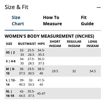 Columbia Women's Size Chart - Madison River Outfitters