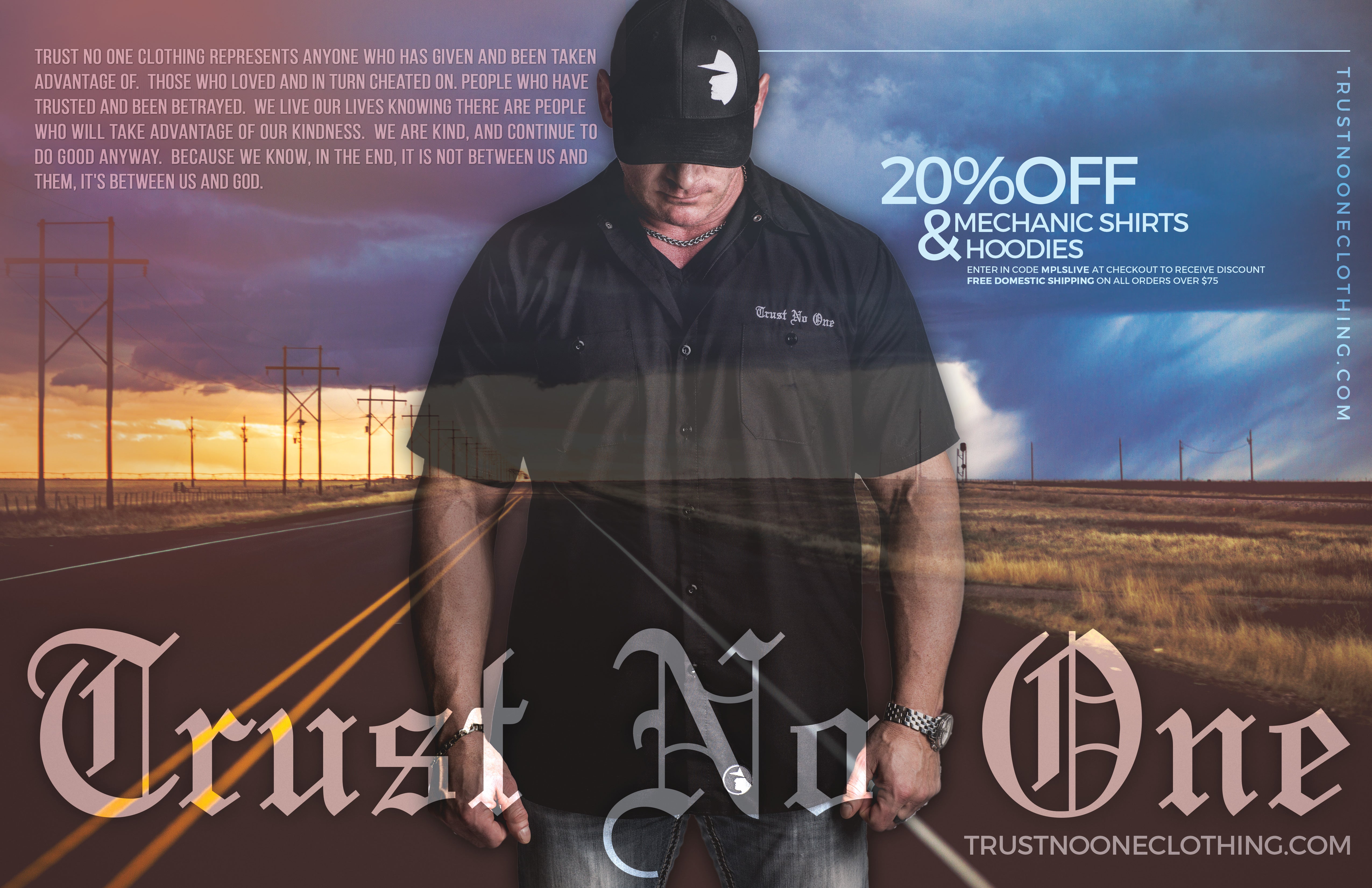 Trust No One Exclusive Sale 20 Percent off mechanic shirts and hoodies ad in MPLSLIVE Minneapolis Live Magazine