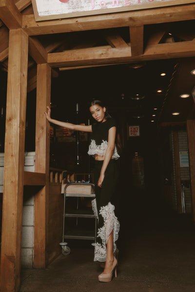 Lace trimmed side slit pants