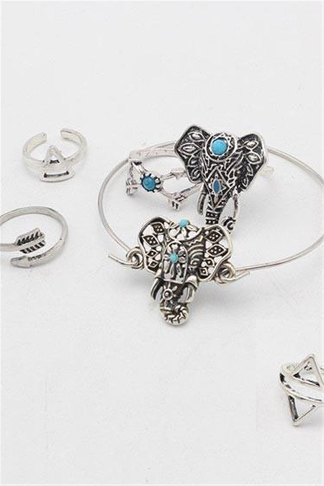 Boho Vintage Elephant Silver Arrow Shape Ring Set Midi Rings 6 PCS