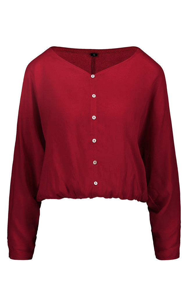 Chicnico V Neck Solid Color Long Sleeve Loose Shirt
