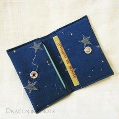 Dragon in Knots handmade minimalist card wallet - stars on navy blue