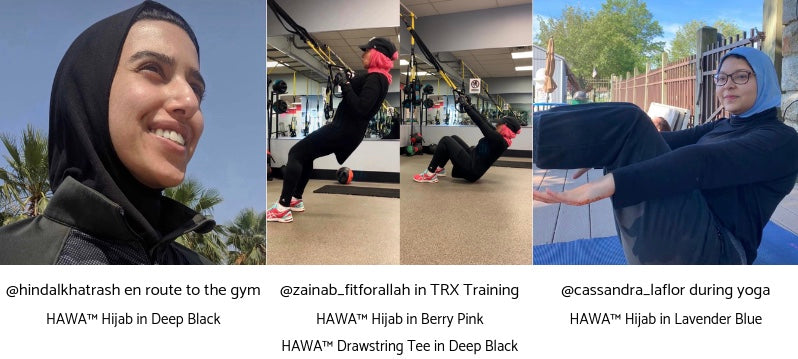 Three women wearing the HAWA Hijab to workout. One is running, one is doing a TRX workout, and one is doing yoga.