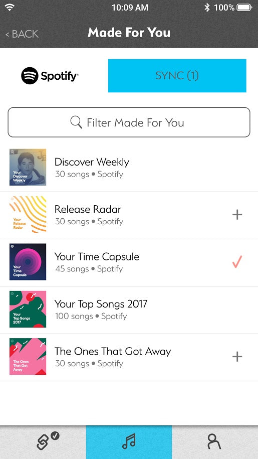 Mighty supports easy access to Spotify playalists such as Discover Weekly, Release Radar, Your Time Capsule, and more!
