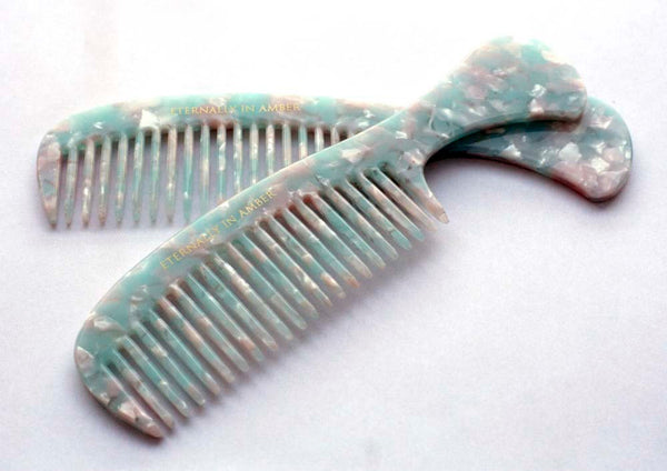 Icy Blue Granite Fine Tooth Rake Comb, Travel Size, Handmade