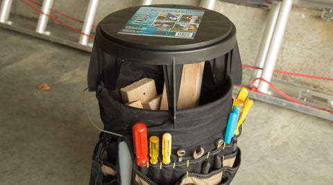 The Original Bucket Stool™ pictured with a tool caddy for projects. Click to see projects solutions page.