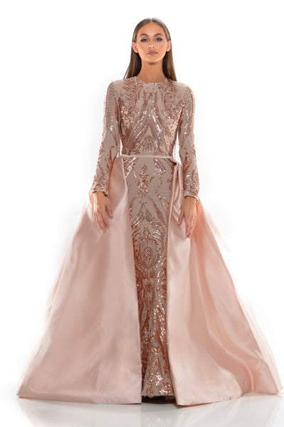 long rose gold dress with sleeves