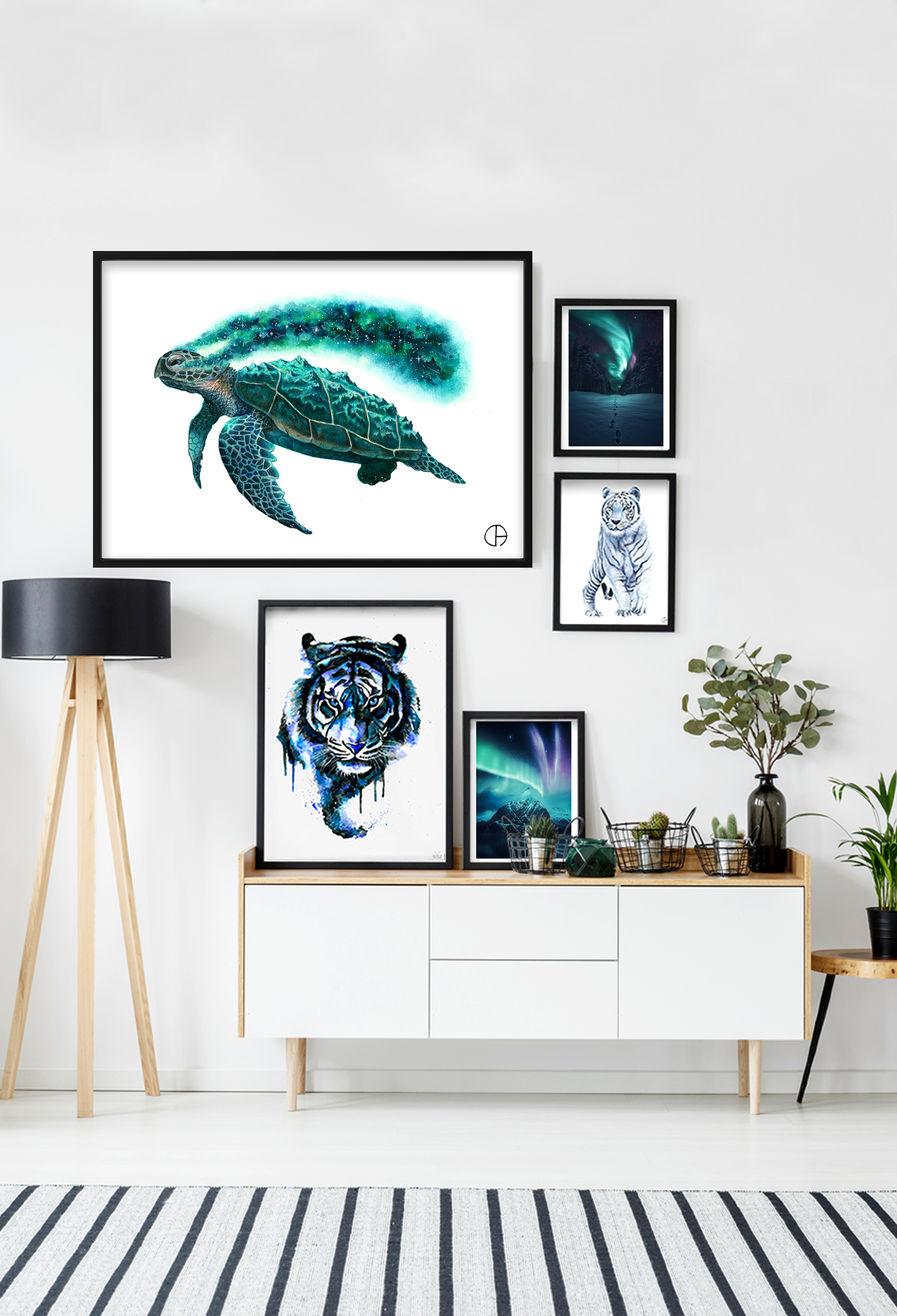 Gallery Wall based on a Blue/Green colour theme. Pictured clockwise: Cosmic Turtle by David Art, Follow the Light by Juuso HD, White Tiger by Colors of the Wild, Lights of the North by Juuso HD & Blue Tiger by Colors of the Wild.