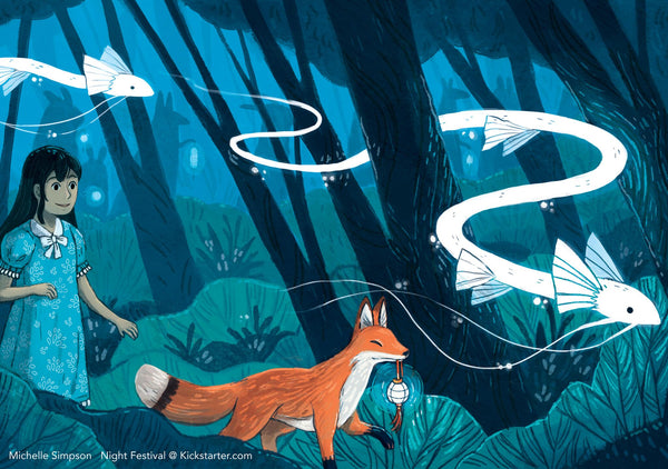 Girl led through a forest by a fox - from 'Night Festival: A Wordless Picture Book'