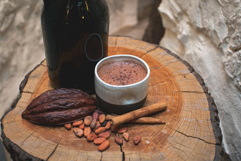 Cacao pod, cacao beans, Mayan Hot Chocolate, at our chocolate cafe in Culver City
