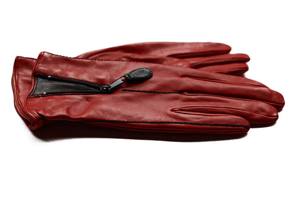 red and black leather gloves