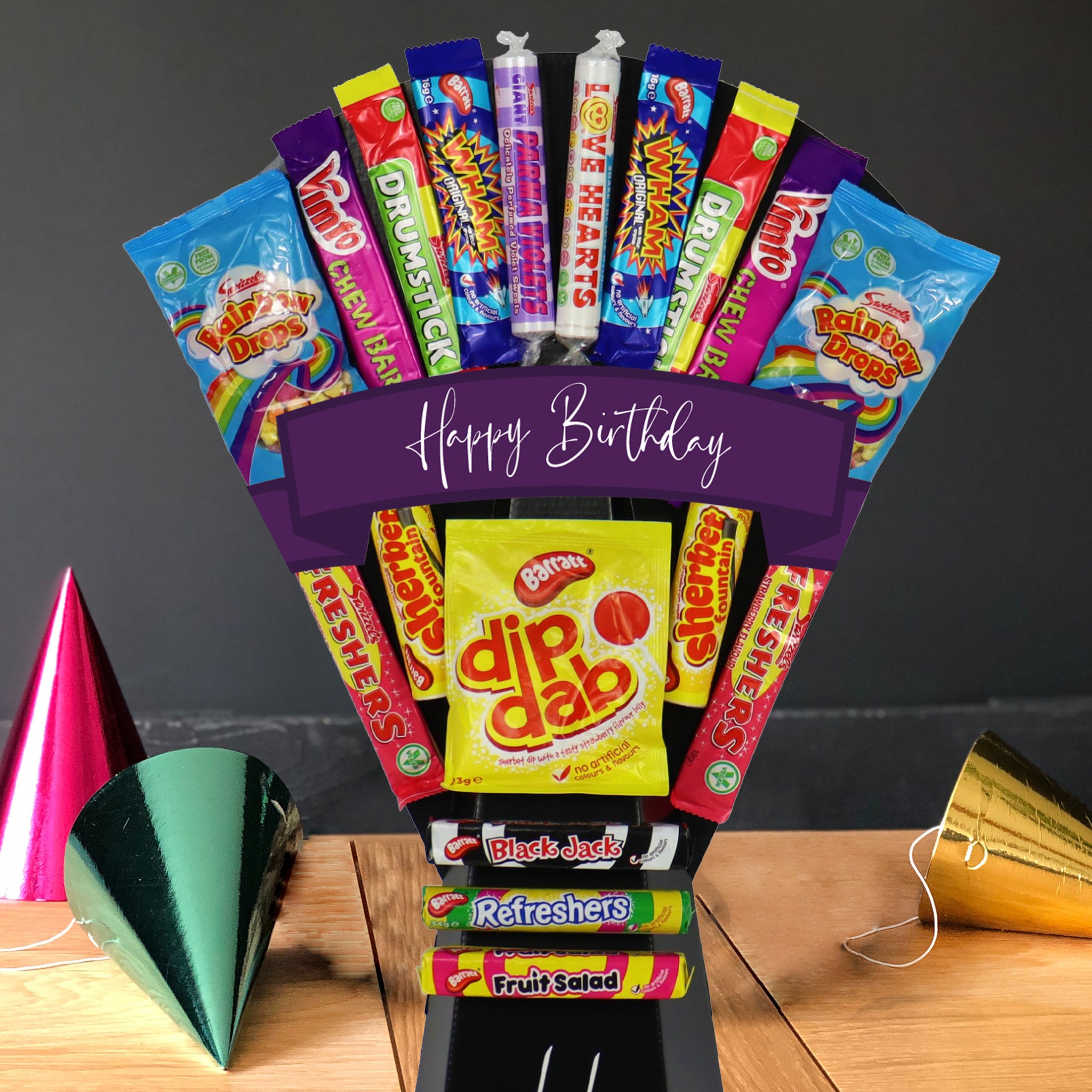 Retro Sweets Happy Birthday Bouquet with Dip Dabs, Refreshers, Drumsticks - Perfect Birthday Gift