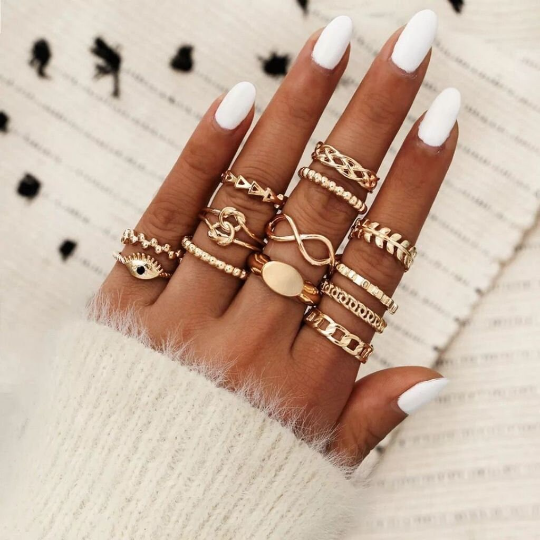 13 Pcs Gold Stone Metallic Stacking Multi Size Knuckle Midi Ring Set