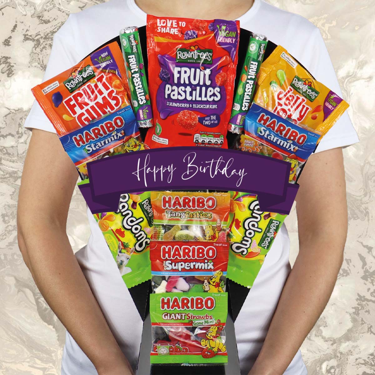 Chewy Sweets Happy Birthday Bouquet With Haribo, Fruit Pastilles, Jelly Tots & More - Gift Hamper Box by HamperWell