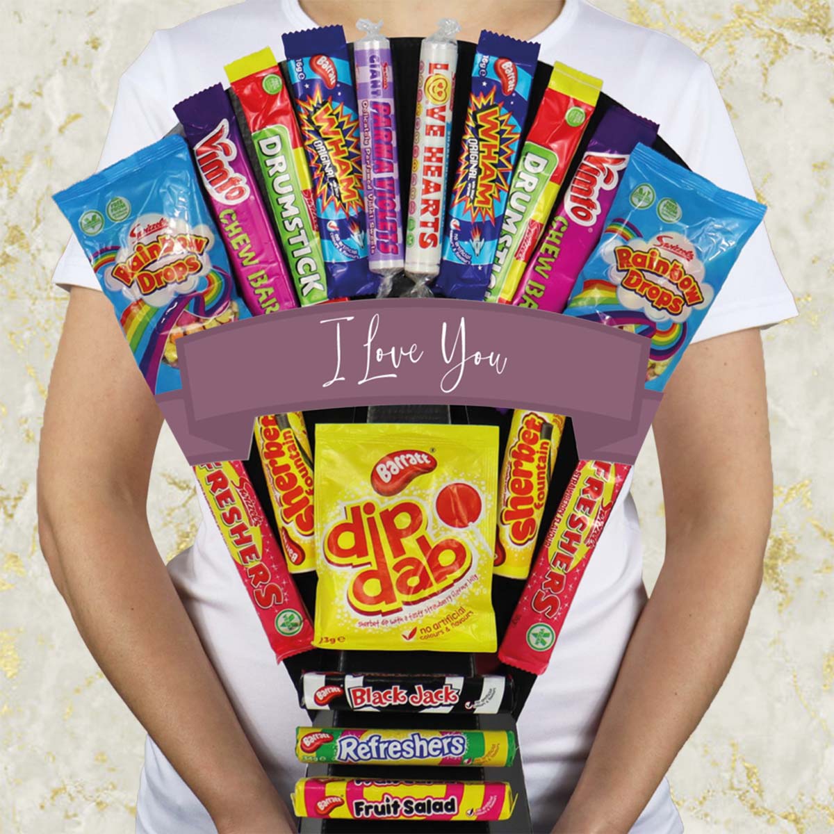 The XL Retro Sweets I Love You Bouquet with Dip Dabs, Black Jack, Drumsticks and More - Gift Hamper Box by HamperWell