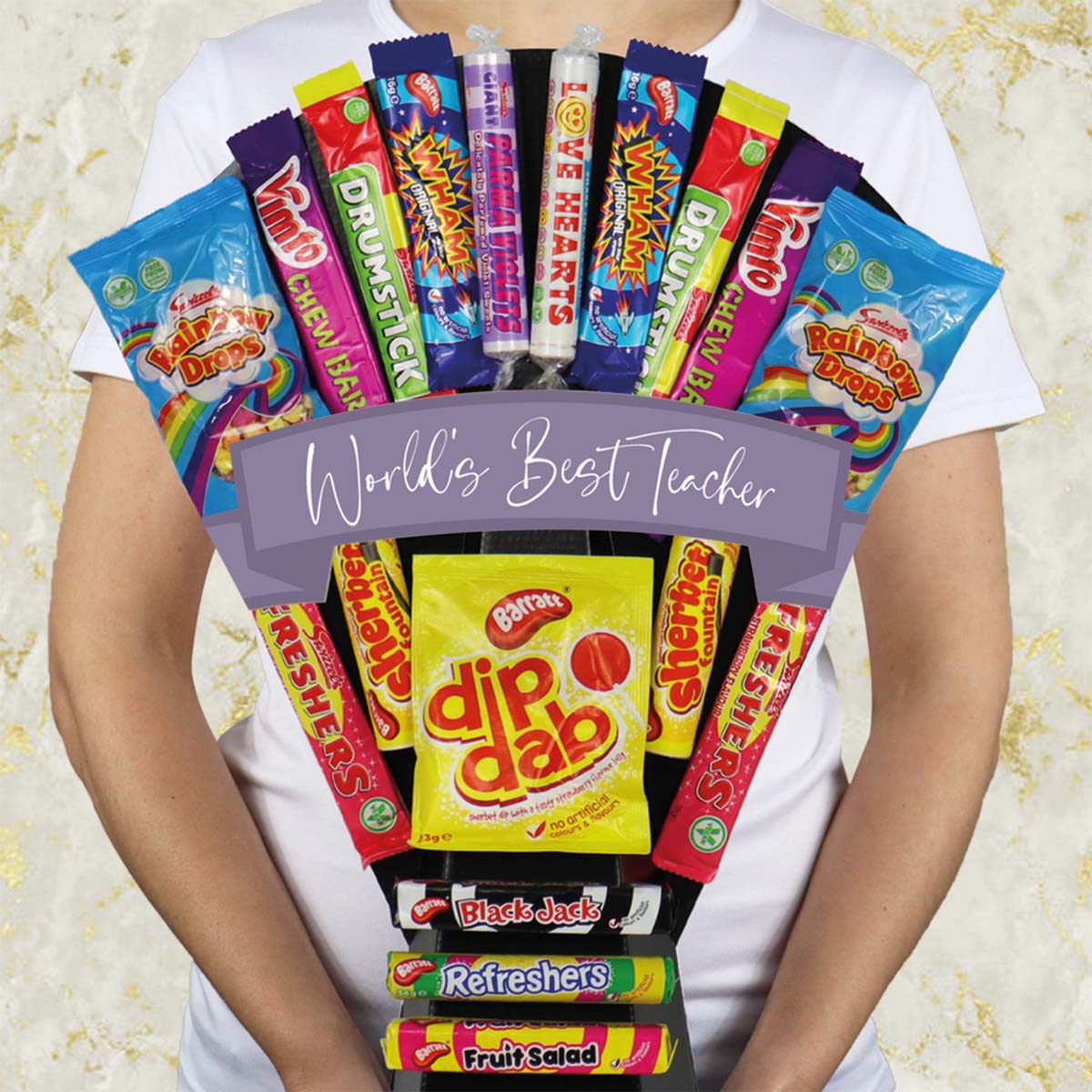 Large Retro Sweets Thank You Teacher Bouquet - World’s Best Teacher - Gift Hamper Box by HamperWell