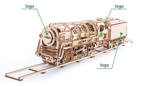 UGears Wooden Mechanical Model Steam Locomotive with Tender Custom Brand