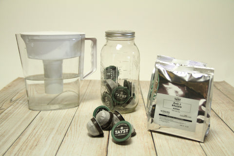 All of the components you need to make cold brew coffee at home with coffee pods.